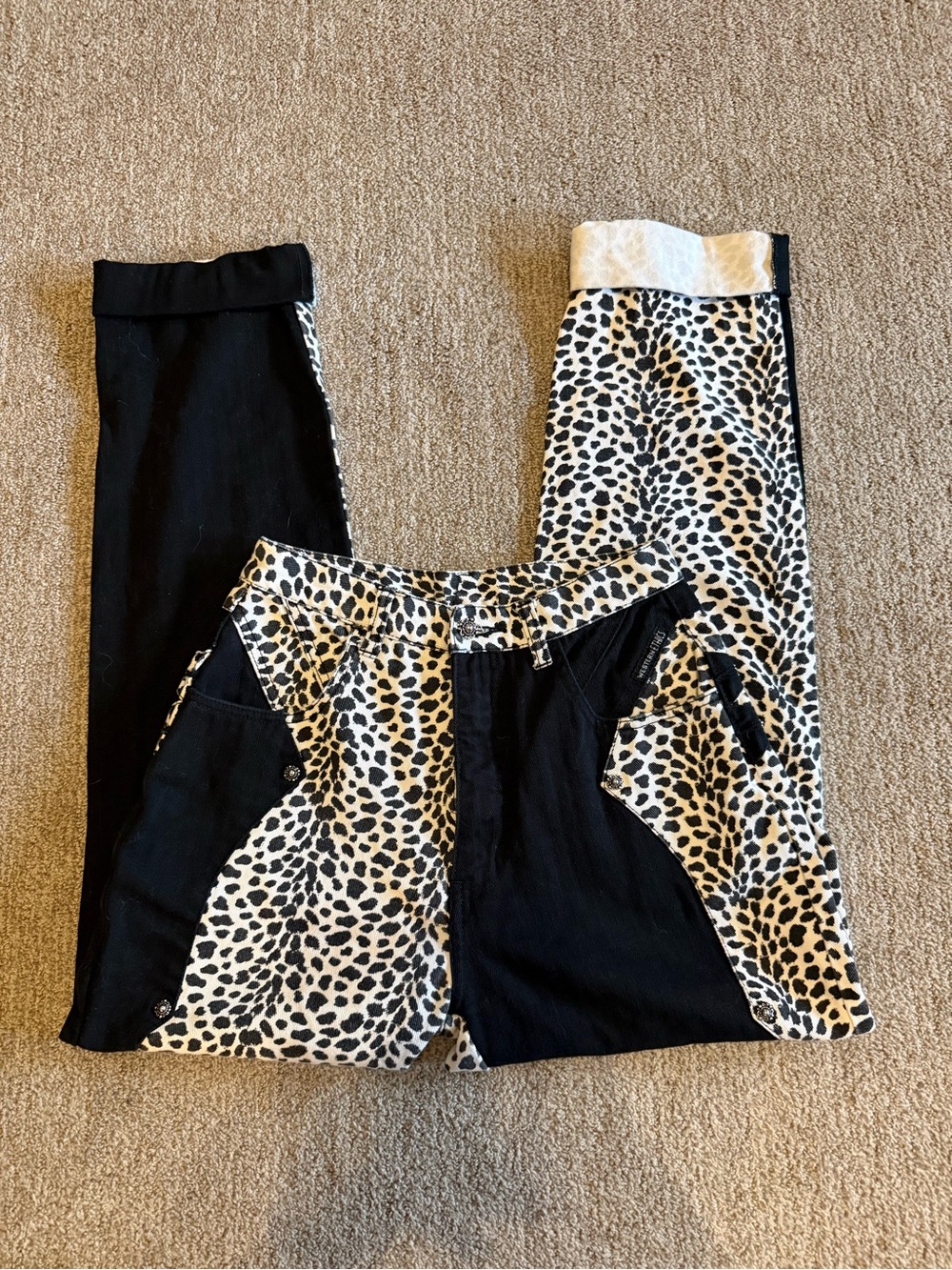 High-Rise Black and White Leopard Panel Jeans